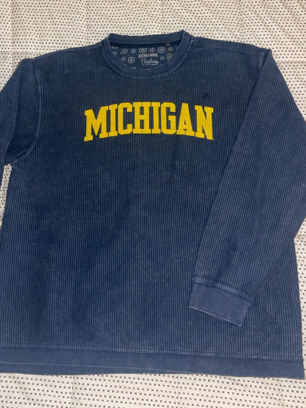Michigan Navy Washed Corded Sweatshirt with Yellow Arch Logo